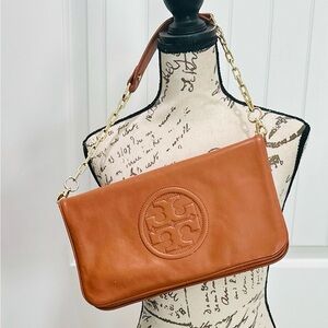 Tory Burch Tan Leather Clutch with Gold Chain